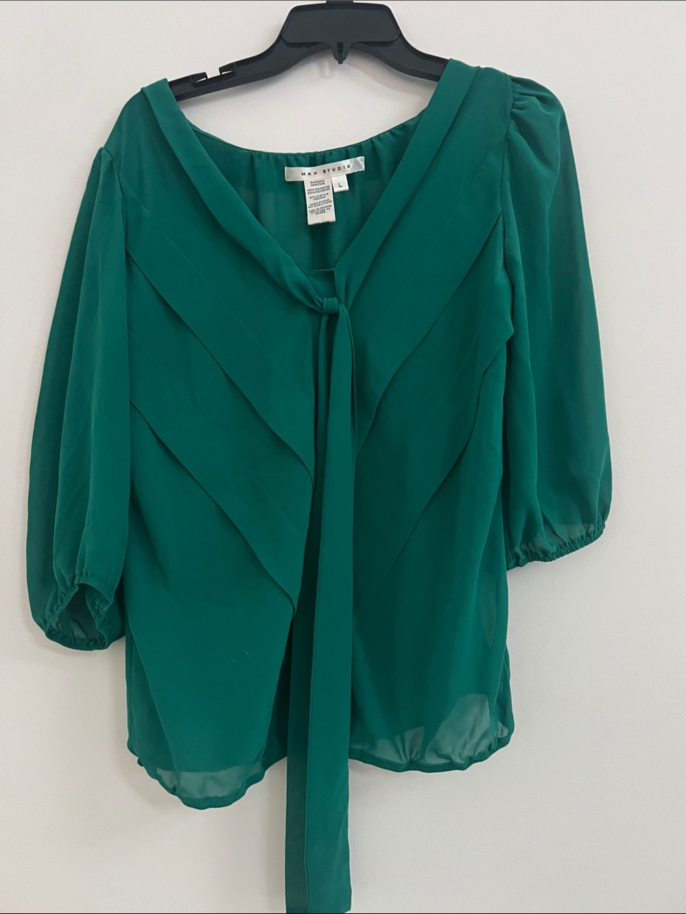 Max Studio Emerald Green Pleated Tie-Neck Blouse - Picture 1 of 8